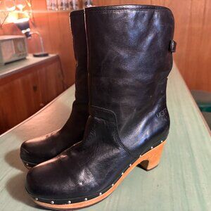 Womens Ugg S/N 1958 Lynnea Black Leather Sherpa Lined Clog Boots Size 9